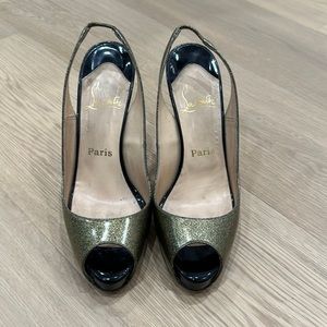 COPY - Christian Louboutin black and gold sparkle peep toe slingback heels size…